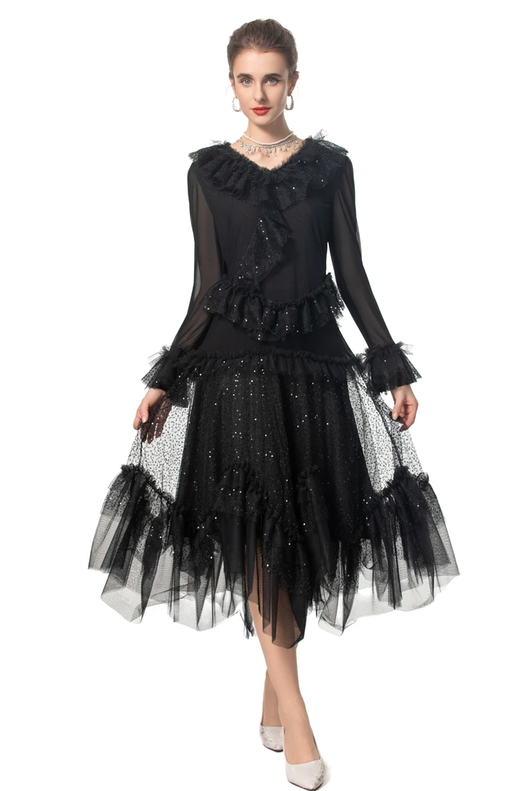 Women's Runway Dresses Sexy V Neck Long Sleeves Ruffles Mesh Elegant Fashion Casual Vestidos Prom