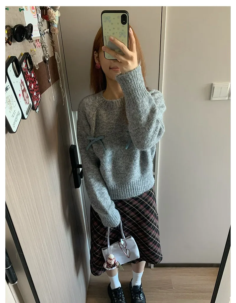 Karrram Japanese Y2k Bow-knot Sweater Korean Style Gray Cropped Pullover Vintage Harajuku Knit Jumper 2000s Aesthetics Knitwears