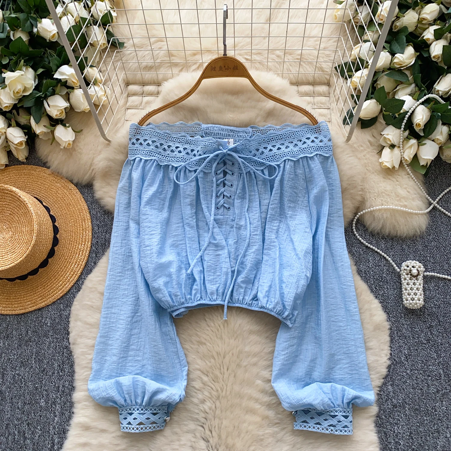Vintage Blouse lace lace-up long sleeve Elegant Fashion Women hotsweet Shirt women clothing
