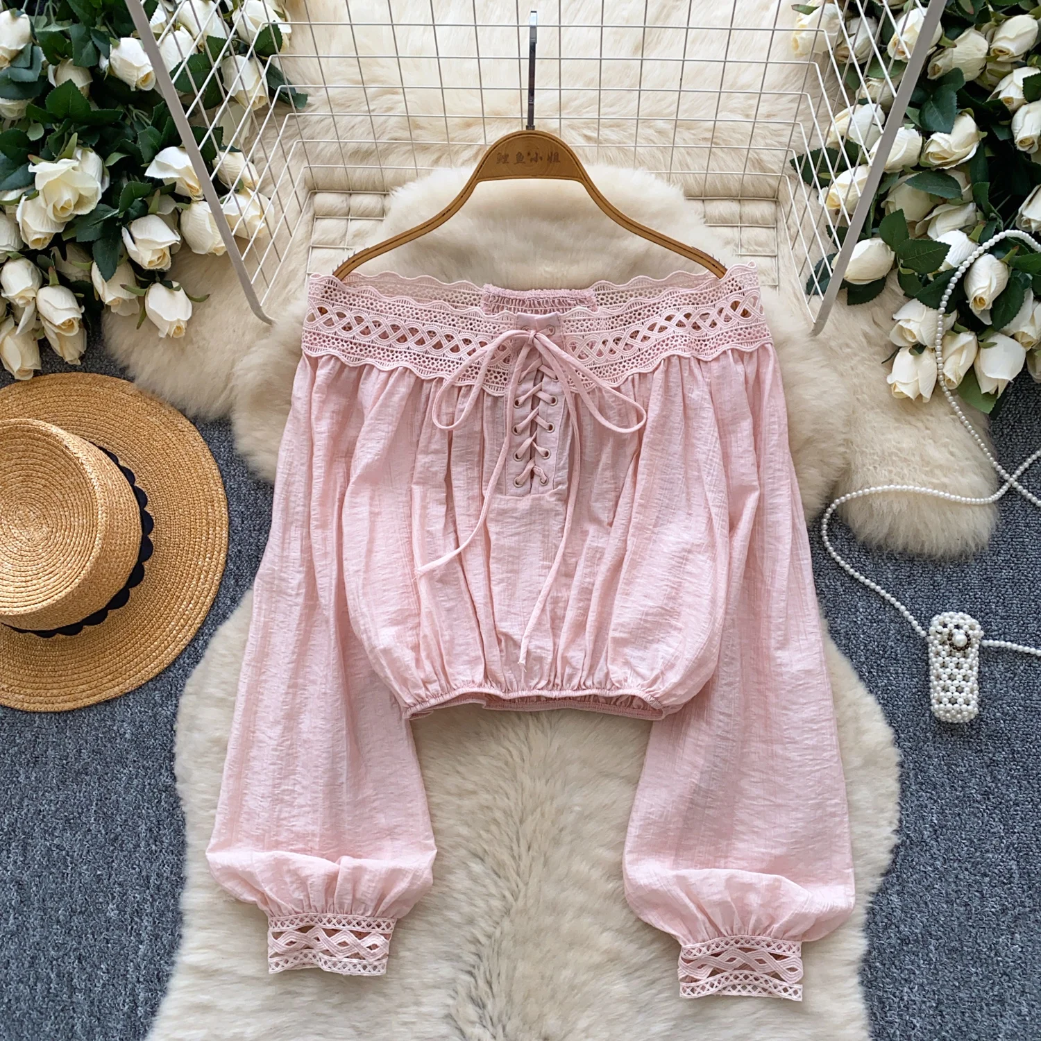 Vintage Blouse lace lace-up long sleeve Elegant Fashion Women hotsweet Shirt women clothing