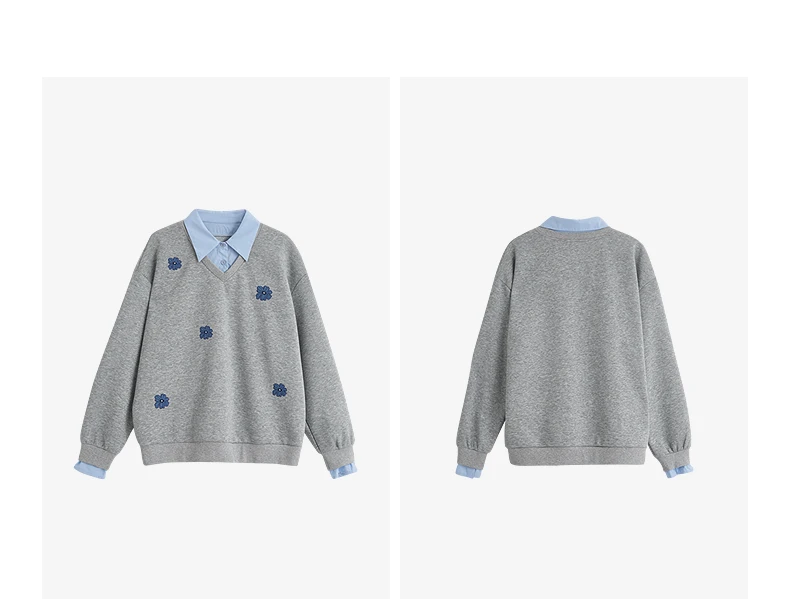 TOYOUTH Women Sweatshirt 2025 Autumn New Denim Flower Embroidery Fake Two Piece Splicing Turn Down Collar Cotton Casual Pullover