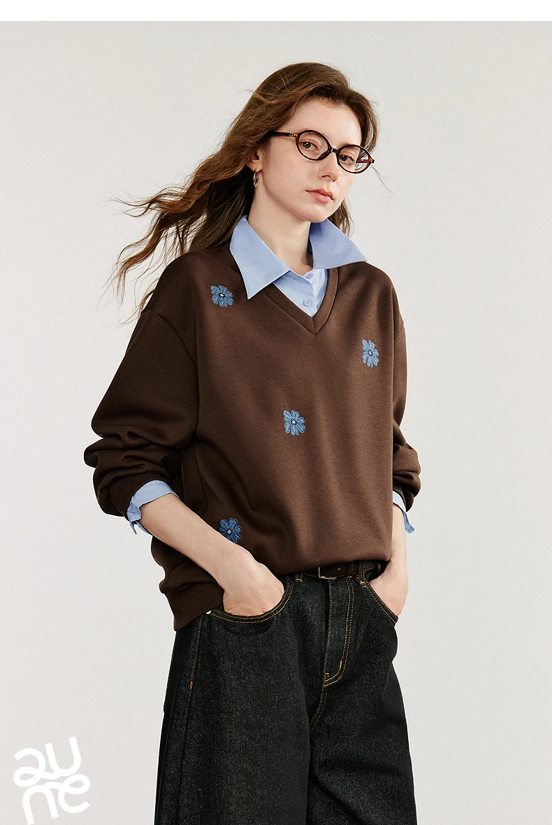 TOYOUTH Women Sweatshirt 2025 Autumn New Denim Flower Embroidery Fake Two Piece Splicing Turn Down Collar Cotton Casual Pullover
