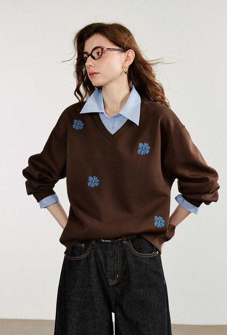 TOYOUTH Women Sweatshirt 2025 Autumn New Denim Flower Embroidery Fake Two Piece Splicing Turn Down Collar Cotton Casual Pullover