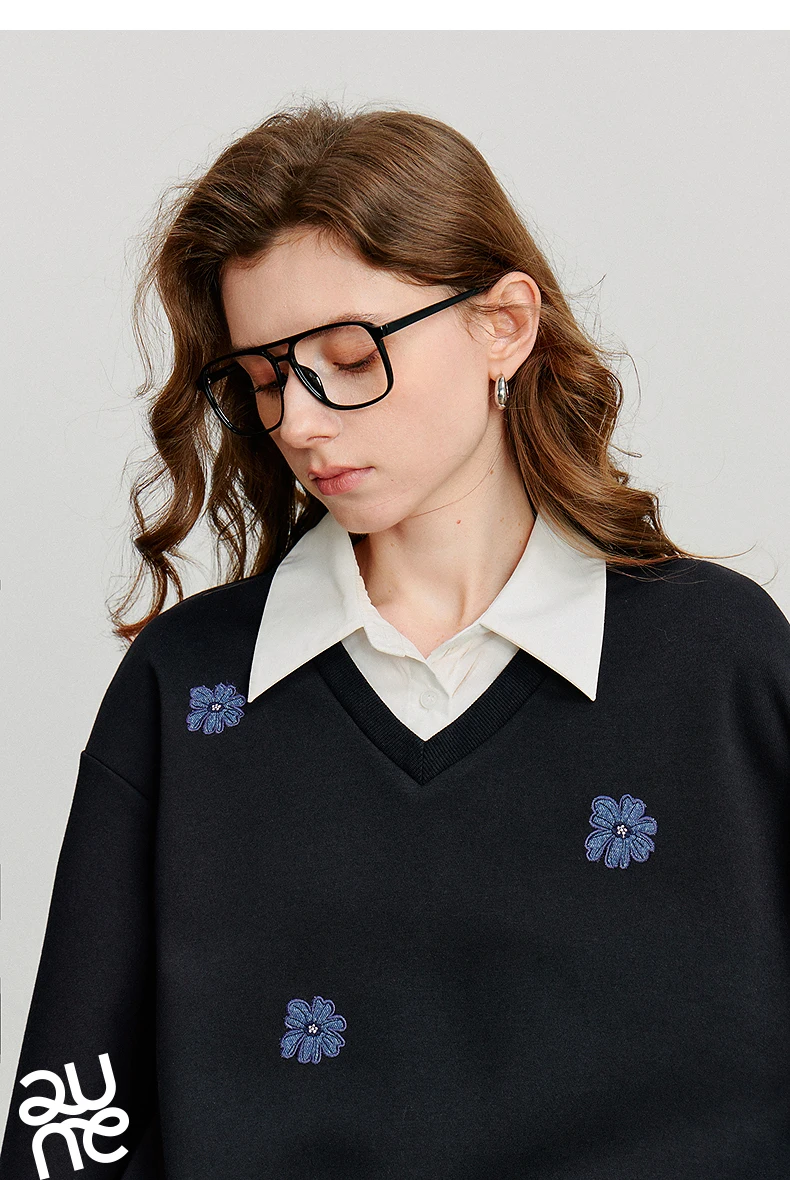 TOYOUTH Women Sweatshirt 2025 Autumn New Denim Flower Embroidery Fake Two Piece Splicing Turn Down Collar Cotton Casual Pullover