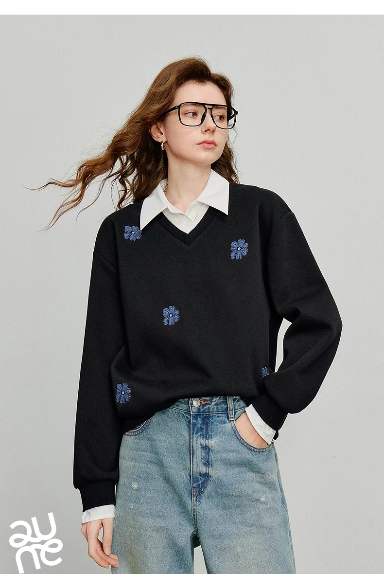 TOYOUTH Women Sweatshirt 2025 Autumn New Denim Flower Embroidery Fake Two Piece Splicing Turn Down Collar Cotton Casual Pullover