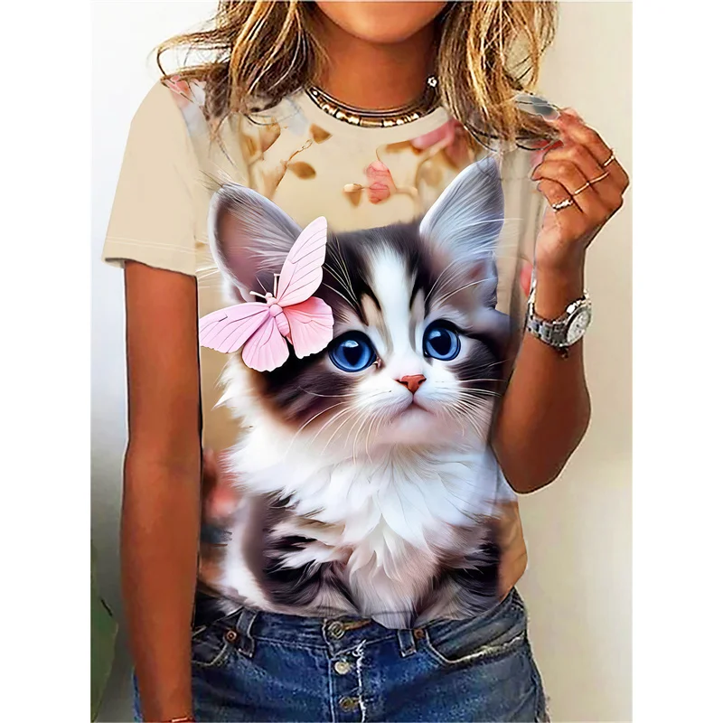 Cute Cat Pattern T Shirt For Women Animal 3D Printed Short Sleeves Summer Fashion Crew Neck Tops Girl Tees Oversized T-Shirts