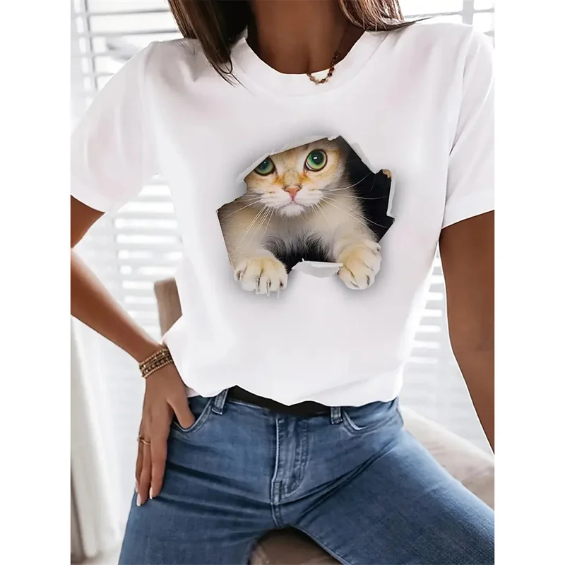 Cute Cat Pattern T Shirt For Women Animal 3D Printed Short Sleeves Summer Fashion Crew Neck Tops Girl Tees Oversized T-Shirts