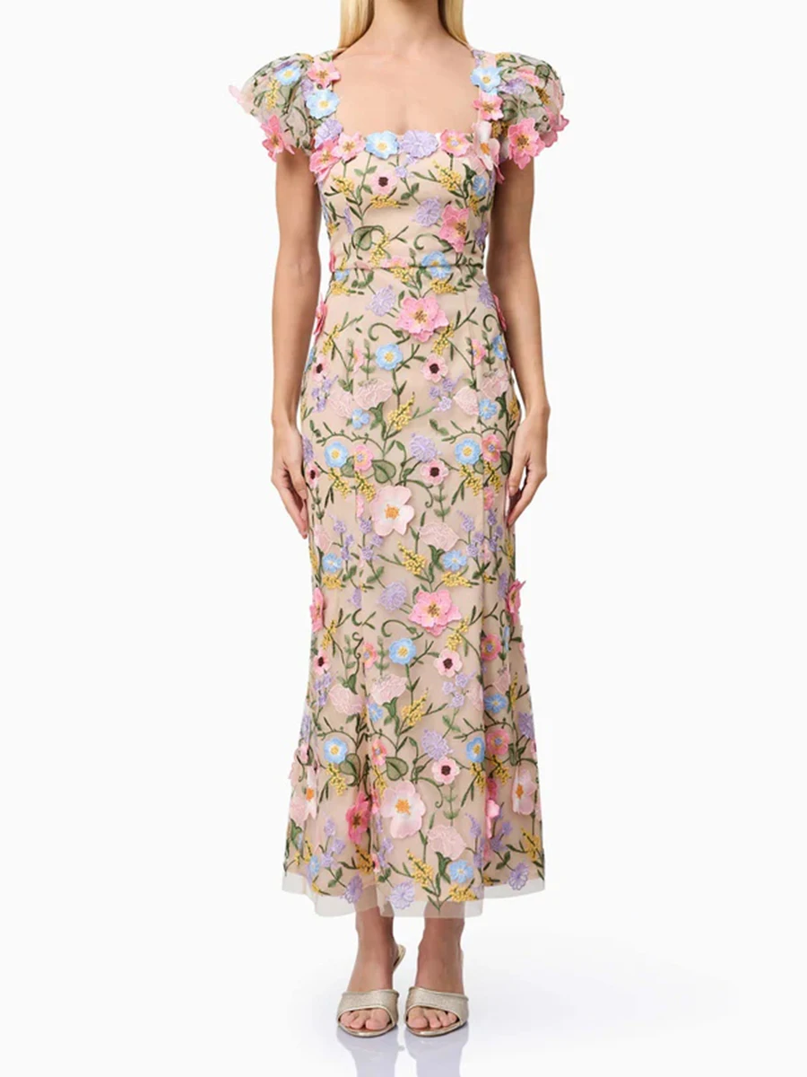 TWOTWINSTYLE Hit Color Spliced Appliques Slimming Dresses For Women Square Neck Sleeveless High Waist Temperament Dress Female