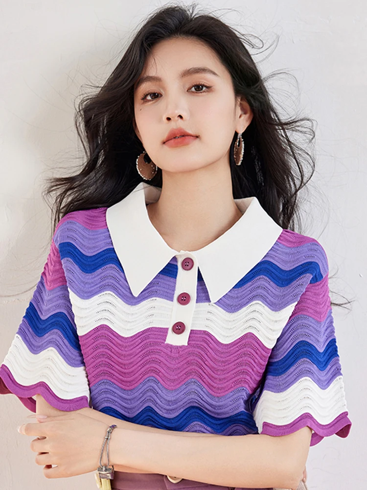 Women's Retro Contrasting Color Turn-down Collar T-shirt Summer 2024 New Casual Pullover Fashion Lazy Style Tops