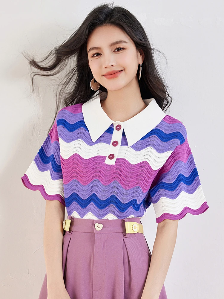 Women's Retro Contrasting Color Turn-down Collar T-shirt Summer 2024 New Casual Pullover Fashion Lazy Style Tops
