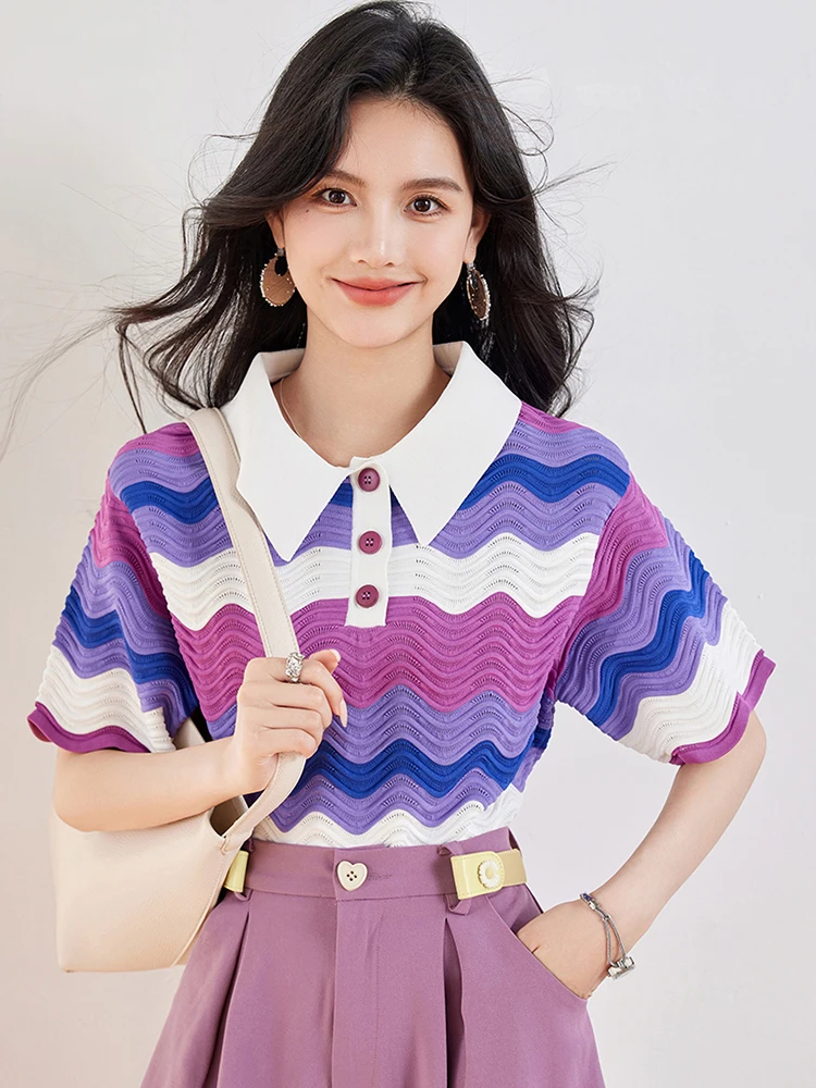 Women's Retro Contrasting Color Turn-down Collar T-shirt Summer 2024 New Casual Pullover Fashion Lazy Style Tops