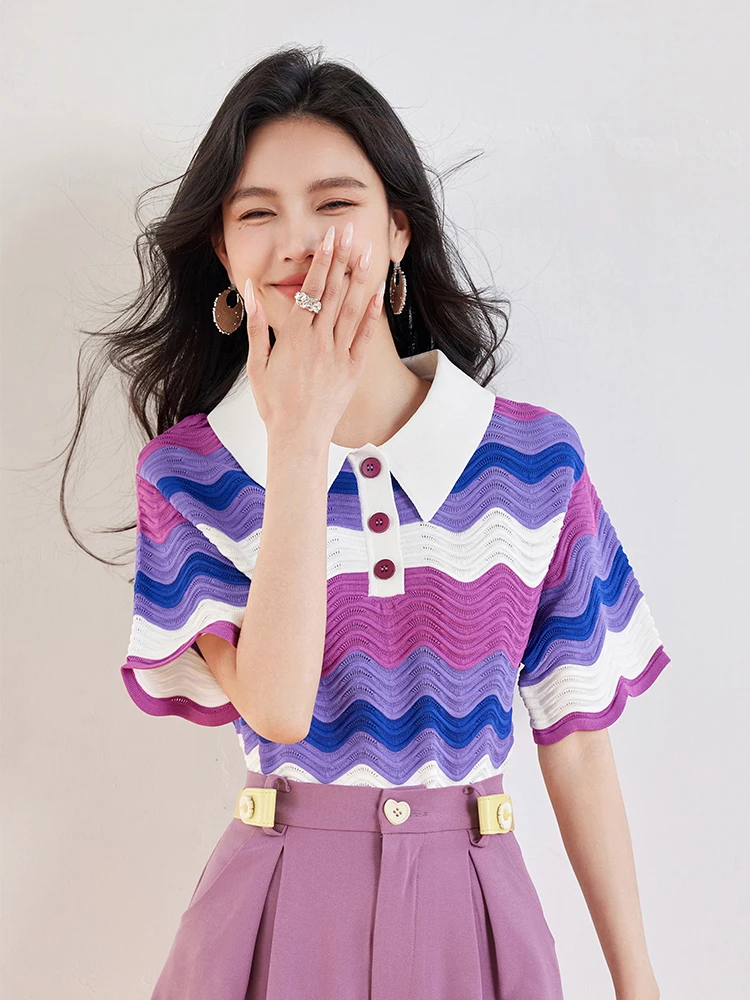 Women's Retro Contrasting Color Turn-down Collar T-shirt Summer 2024 New Casual Pullover Fashion Lazy Style Tops
