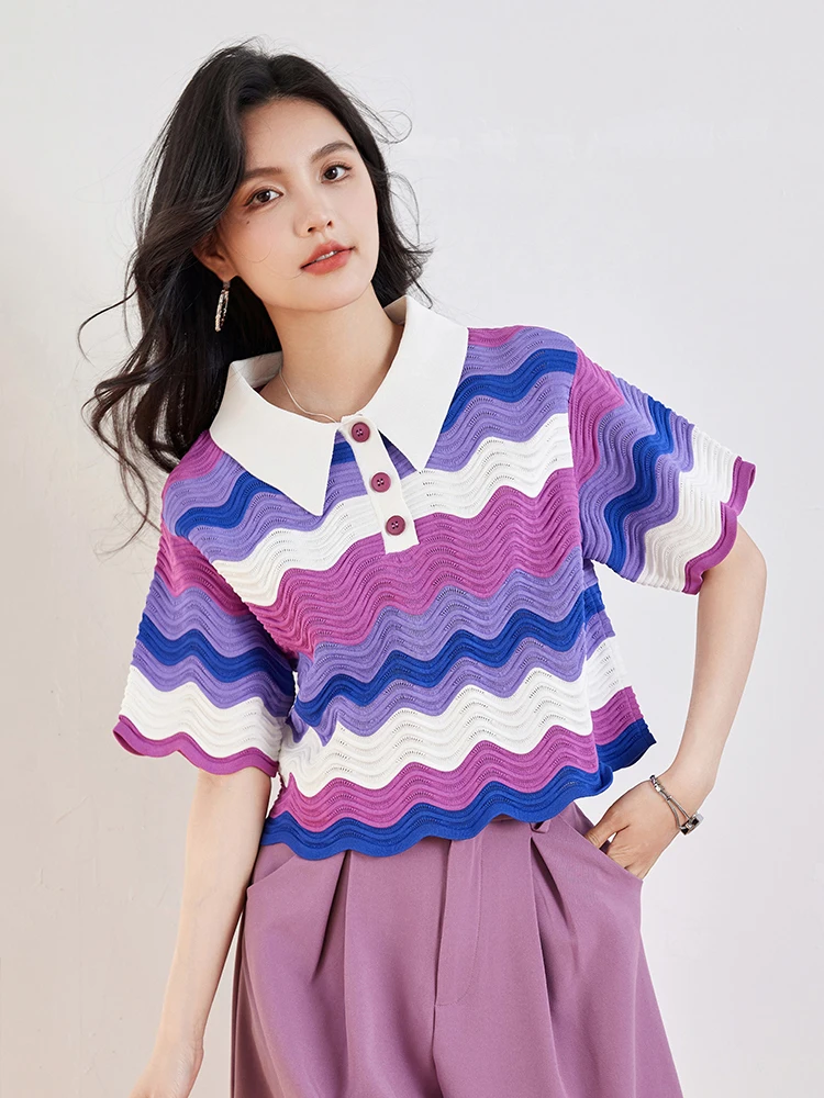Women's Retro Contrasting Color Turn-down Collar T-shirt Summer 2024 New Casual Pullover Fashion Lazy Style Tops