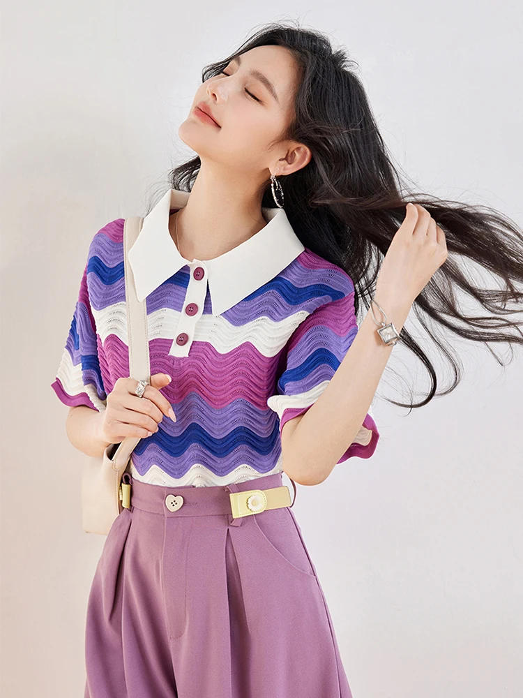 Women's Retro Contrasting Color Turn-down Collar T-shirt Summer 2024 New Casual Pullover Fashion Lazy Style Tops