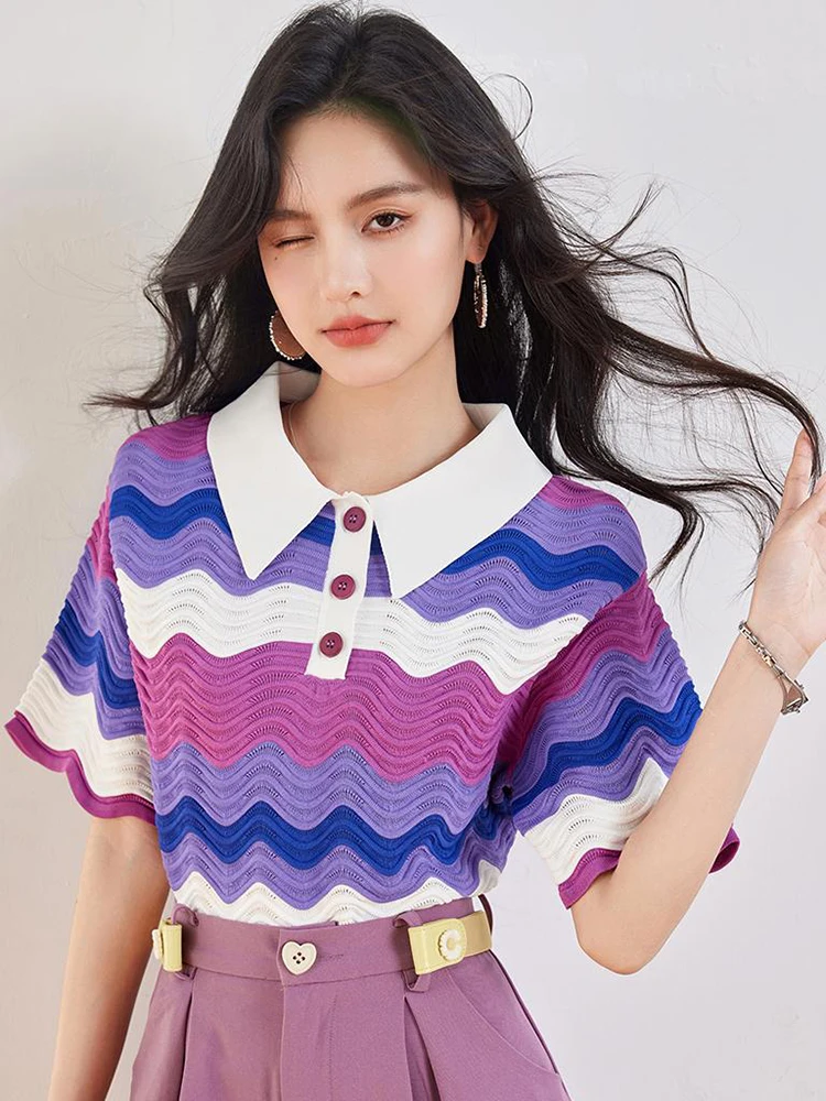 Women's Retro Contrasting Color Turn-down Collar T-shirt Summer 2024 New Casual Pullover Fashion Lazy Style Tops
