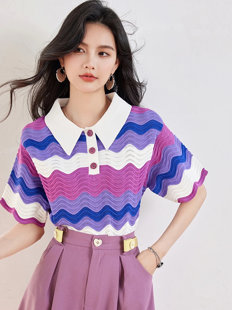Women's Retro Contrasting Color Turn-down Collar T-shirt Summer 2024 New Casual Pullover Fashion Lazy Style Tops