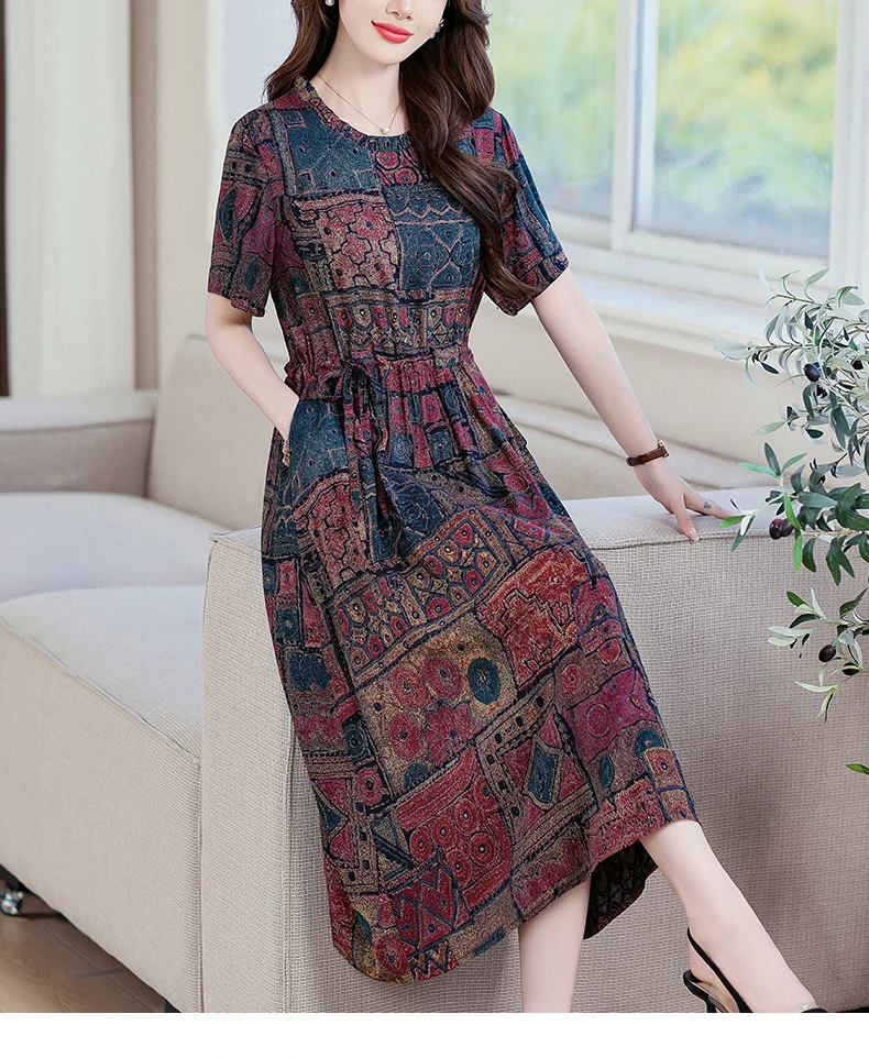 Sundress 2025 Women Dress Summer Bohemian Casual Vintage Short Sleeve Floral Print thin Vestido Female Robe