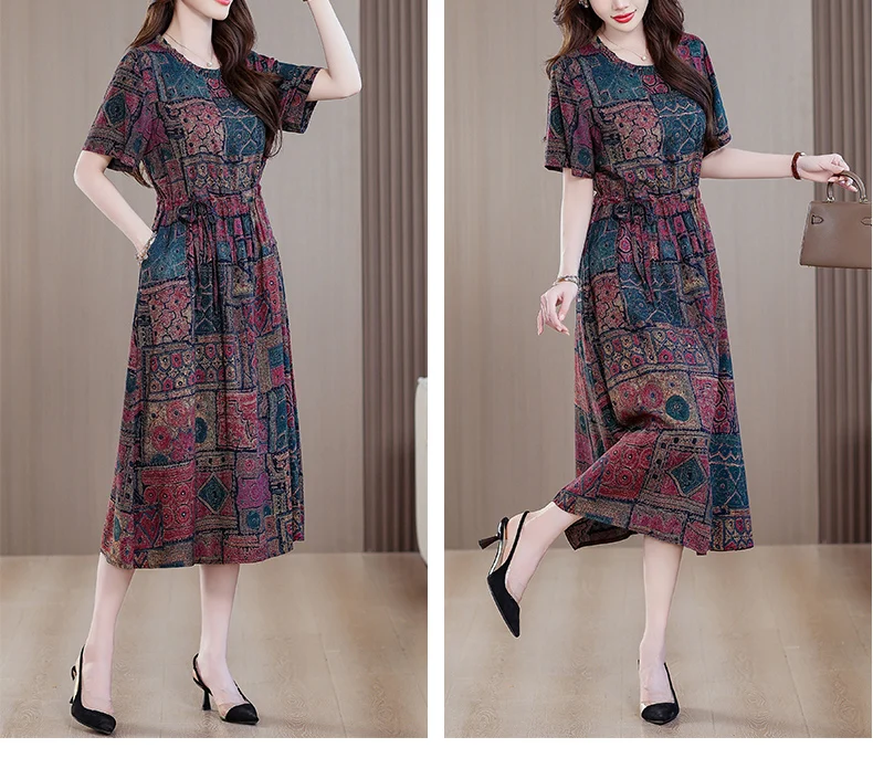 Sundress 2025 Women Dress Summer Bohemian Casual Vintage Short Sleeve Floral Print thin Vestido Female Robe