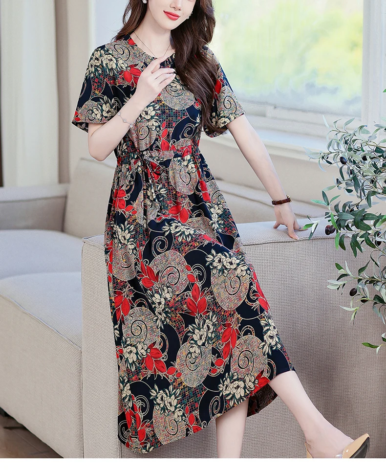 Sundress 2025 Women Dress Summer Bohemian Casual Vintage Short Sleeve Floral Print thin Vestido Female Robe