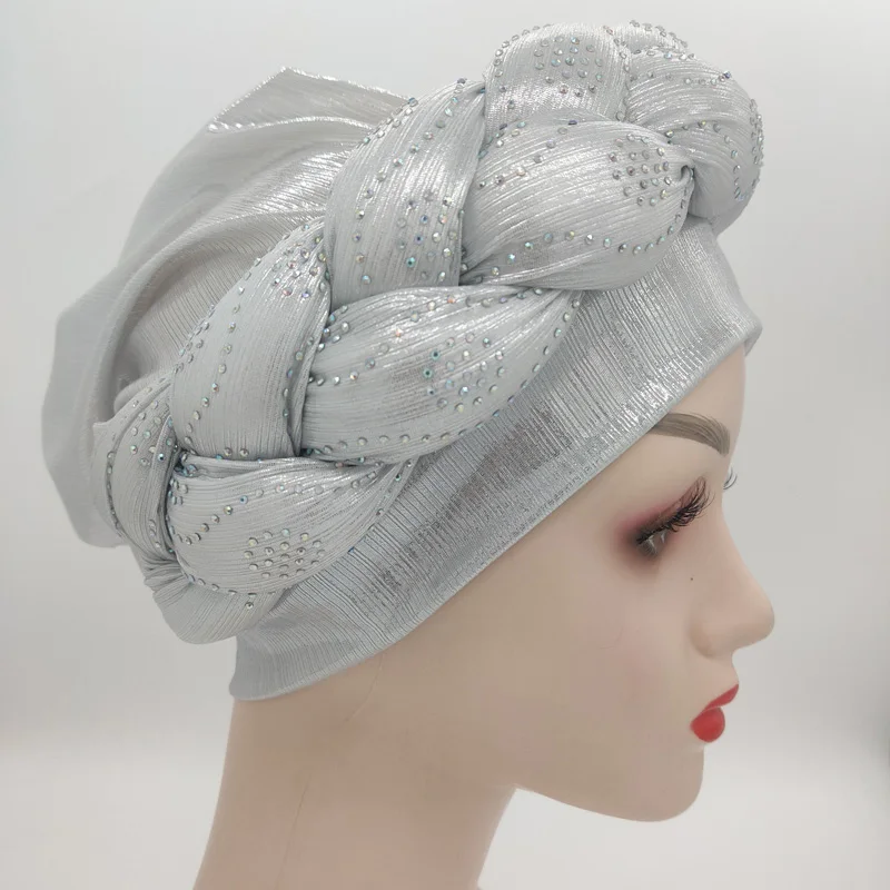2023 NEW Rhinestone Turban Africain Auto Gele Femme Glitter Elastic Muslim Hijab Bonnet Women Head Wraps Braids Turbante Mujer