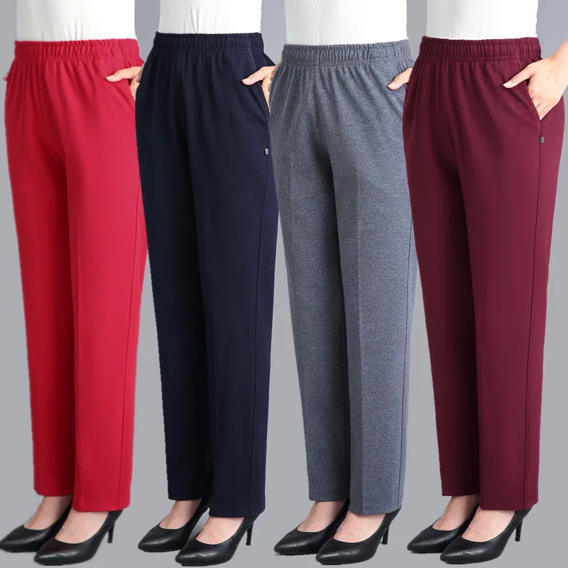 Black Cotton Middle-aged Mother Trousers New Loose Elastic Waist Casual Pants Spring Autumn Loose Solid Women's Straight Pants