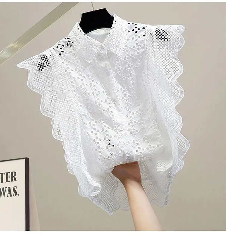 Hollow Out Lace Blouses Women Tops Solid Vintage Ruffles Korean Fashion Blusas Mujer Spring Summer Elegant Shirts