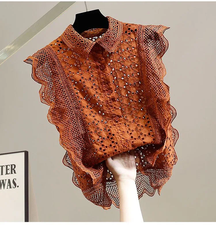 Hollow Out Lace Blouses Women Tops Solid Vintage Ruffles Korean Fashion Blusas Mujer Spring Summer Elegant Shirts
