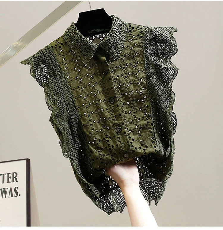 Hollow Out Lace Blouses Women Tops Solid Vintage Ruffles Korean Fashion Blusas Mujer Spring Summer Elegant Shirts