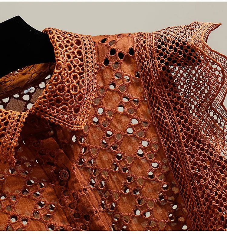 Hollow Out Lace Blouses Women Tops Solid Vintage Ruffles Korean Fashion Blusas Mujer Spring Summer Elegant Shirts