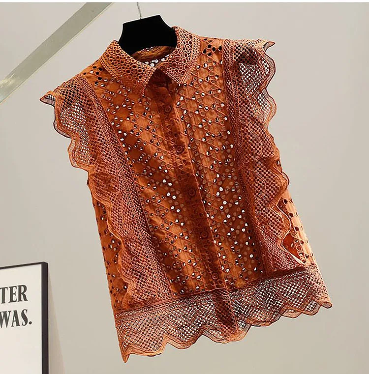 Hollow Out Lace Blouses Women Tops Solid Vintage Ruffles Korean Fashion Blusas Mujer Spring Summer Elegant Shirts
