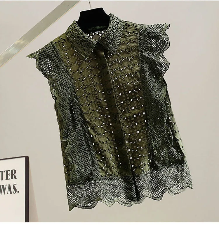Hollow Out Lace Blouses Women Tops Solid Vintage Ruffles Korean Fashion Blusas Mujer Spring Summer Elegant Shirts