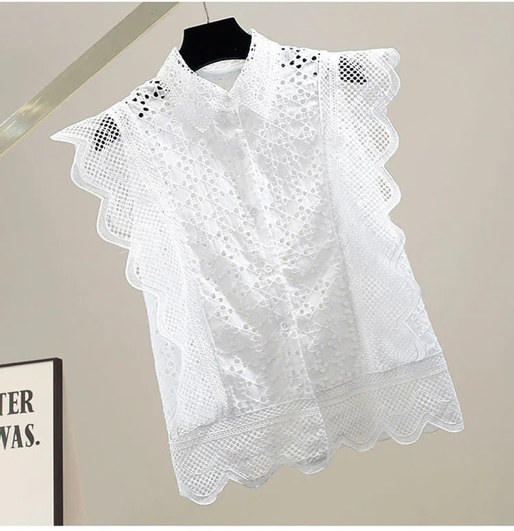 Hollow Out Lace Blouses Women Tops Solid Vintage Ruffles Korean Fashion Blusas Mujer Spring Summer Elegant Shirts