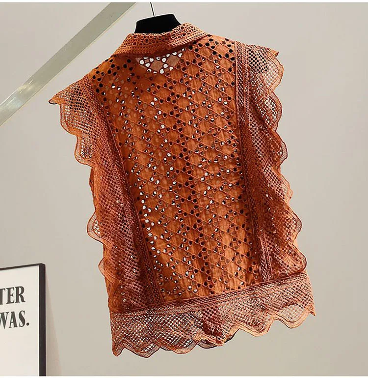 Hollow Out Lace Blouses Women Tops Solid Vintage Ruffles Korean Fashion Blusas Mujer Spring Summer Elegant Shirts
