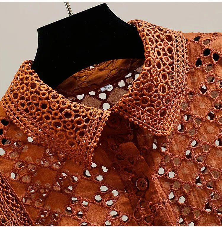 Hollow Out Lace Blouses Women Tops Solid Vintage Ruffles Korean Fashion Blusas Mujer Spring Summer Elegant Shirts