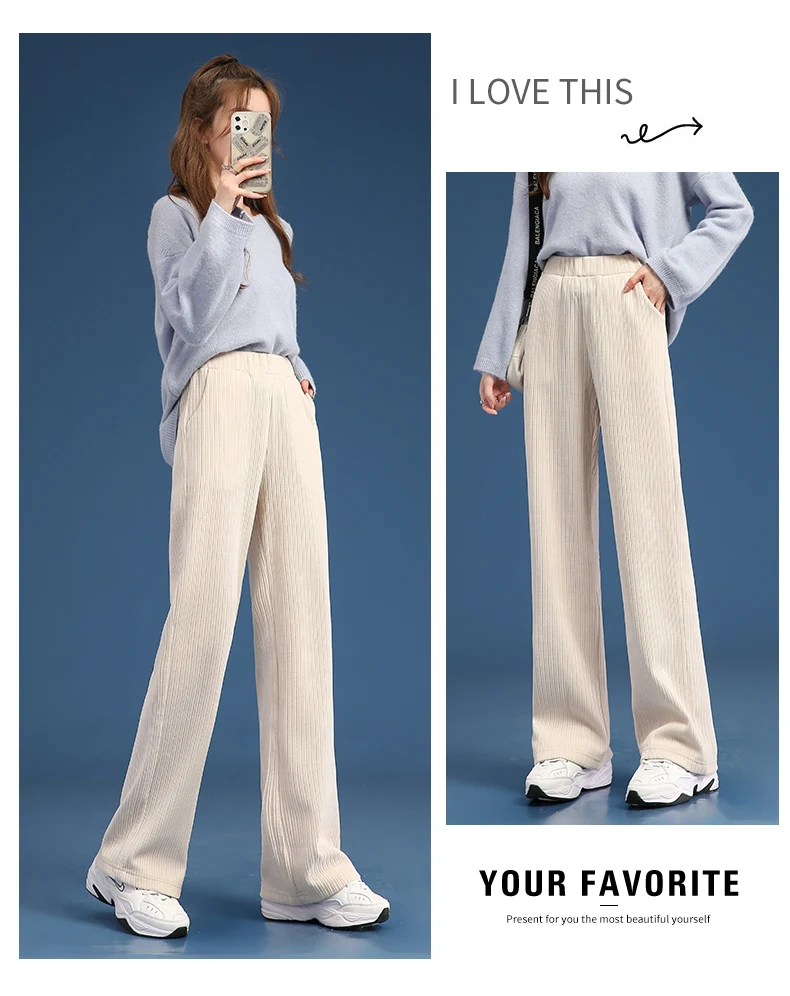Women Warm Winter Plush Thick Pants Lambskin Cashmere Corduroy Trousers High Waist Casual Cotton Loose Female Wide Leg Pants