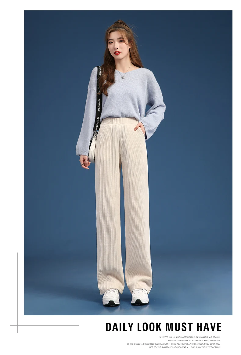Women Warm Winter Plush Thick Pants Lambskin Cashmere Corduroy Trousers High Waist Casual Cotton Loose Female Wide Leg Pants