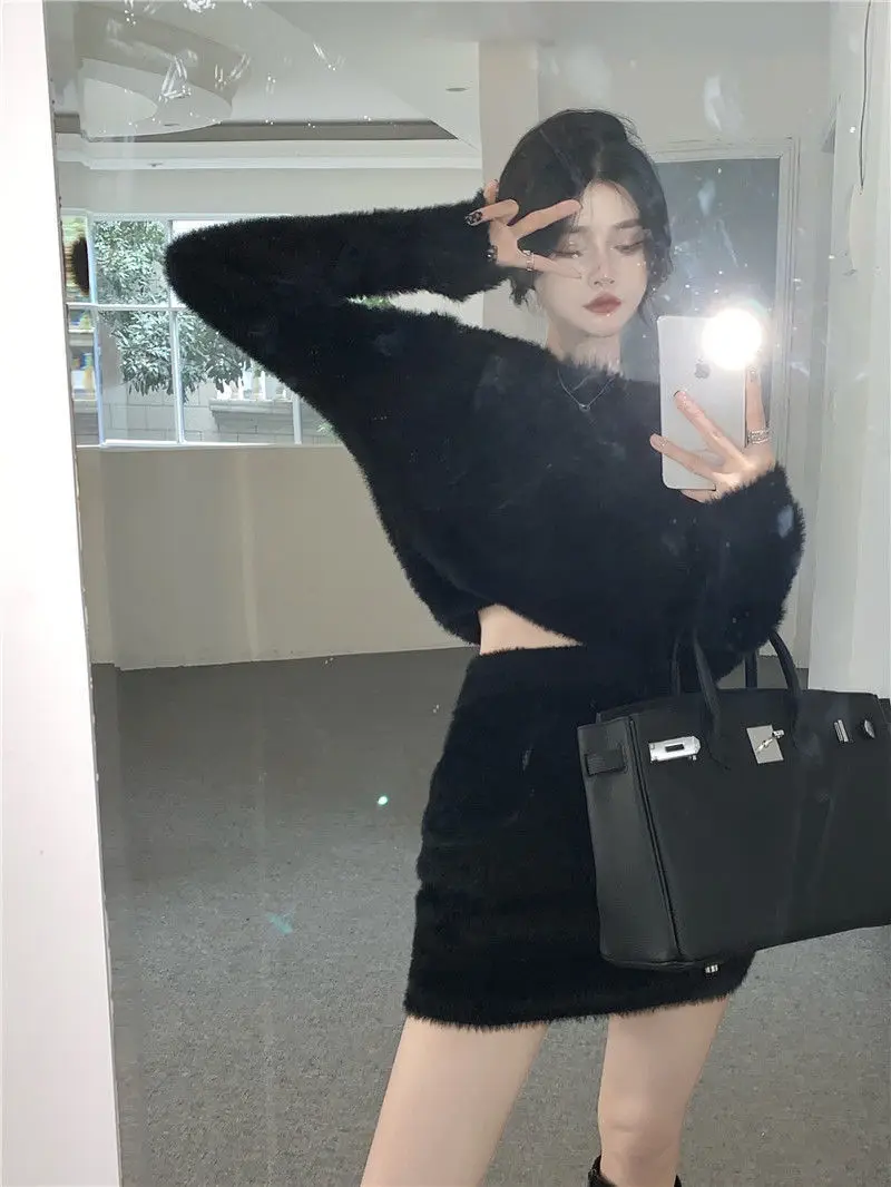Blue Mohair Sweater Women's Autumn and Winter 2022 Fashion White Slim Outer Hip Skirt Two-piece Women's Short Skirt Set