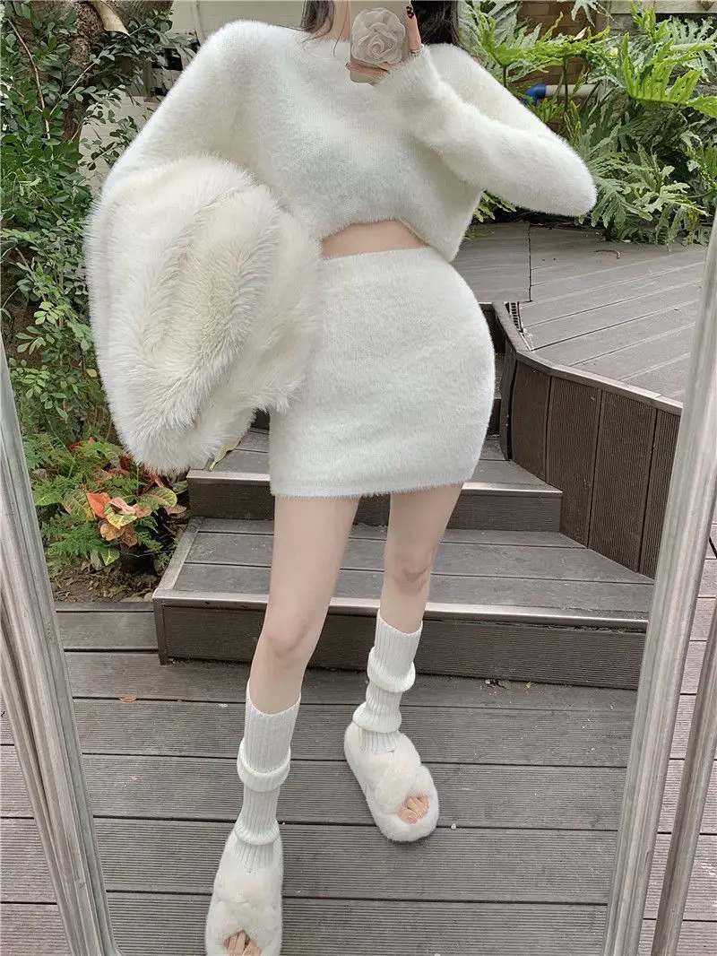 Blue Mohair Sweater Women's Autumn and Winter 2022 Fashion White Slim Outer Hip Skirt Two-piece Women's Short Skirt Set