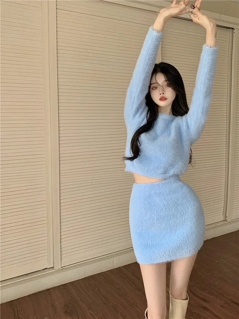 Blue Mohair Sweater Women's Autumn and Winter 2022 Fashion White Slim Outer Hip Skirt Two-piece Women's Short Skirt Set