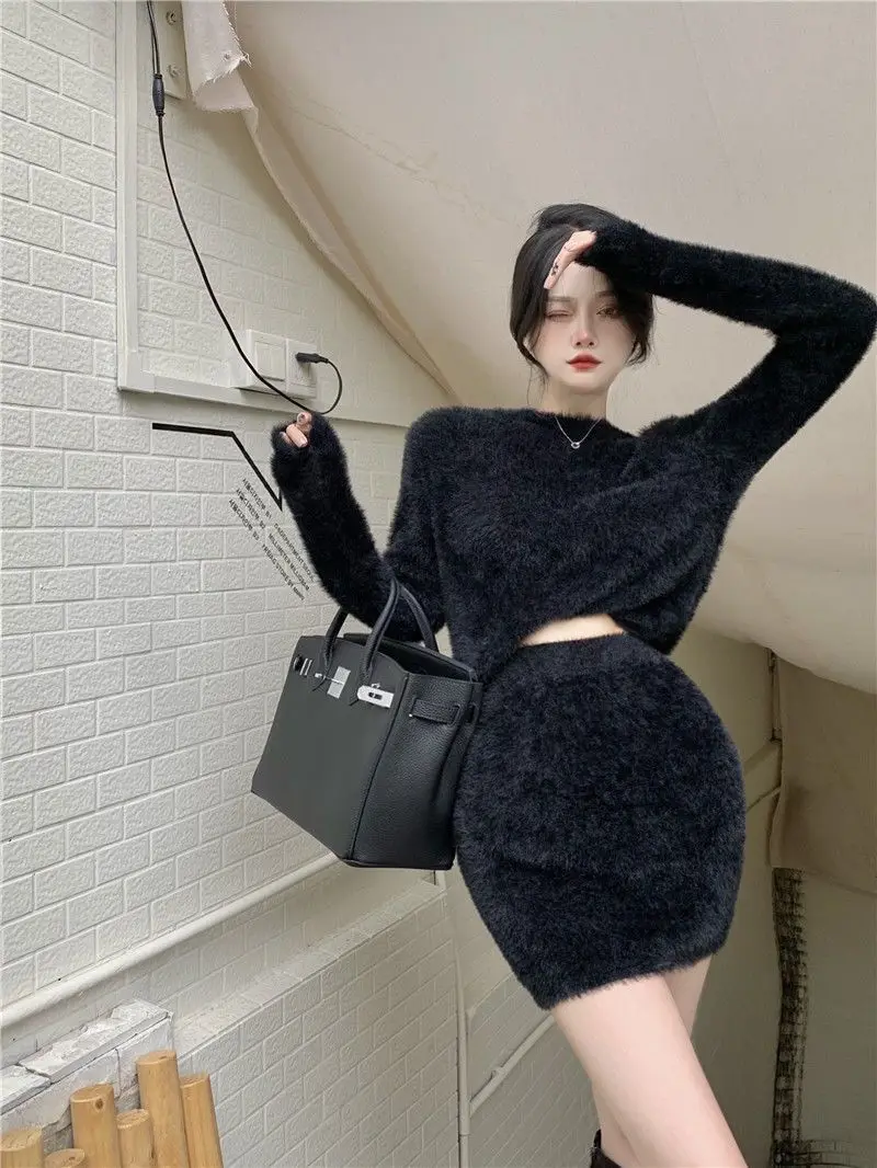 Blue Mohair Sweater Women's Autumn and Winter 2022 Fashion White Slim Outer Hip Skirt Two-piece Women's Short Skirt Set