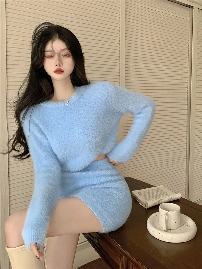 Blue Mohair Sweater Women's Autumn and Winter 2022 Fashion White Slim Outer Hip Skirt Two-piece Women's Short Skirt Set