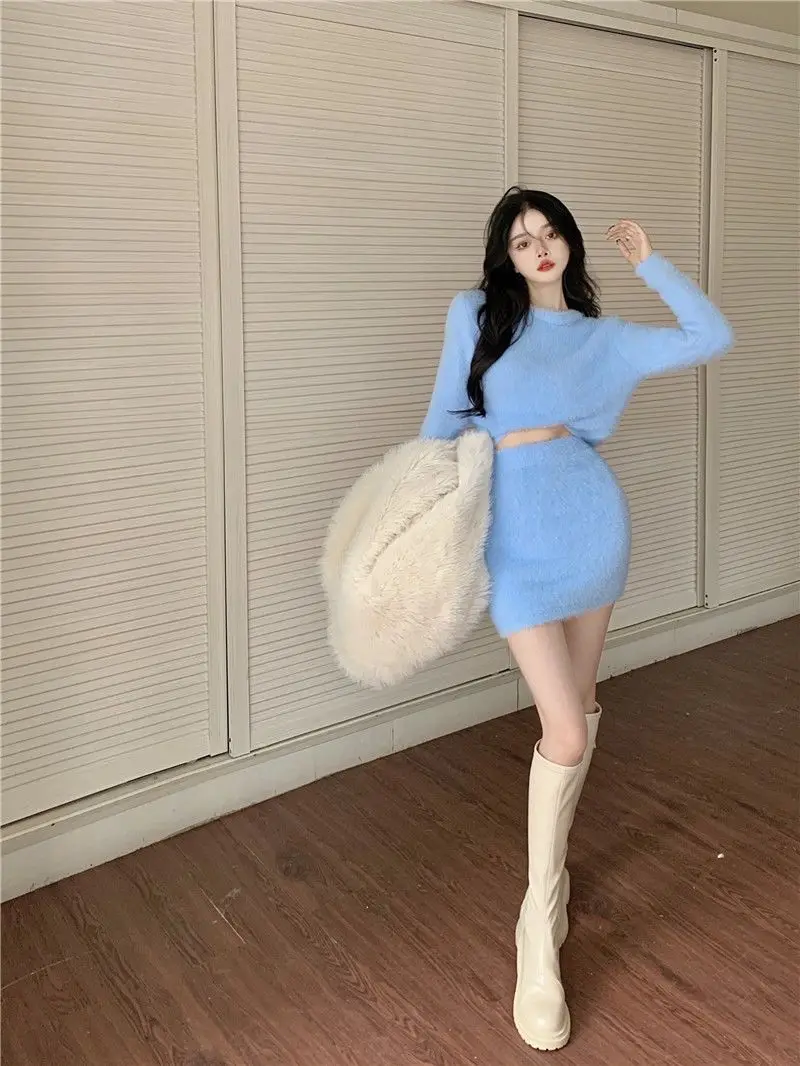 Blue Mohair Sweater Women's Autumn and Winter 2022 Fashion White Slim Outer Hip Skirt Two-piece Women's Short Skirt Set