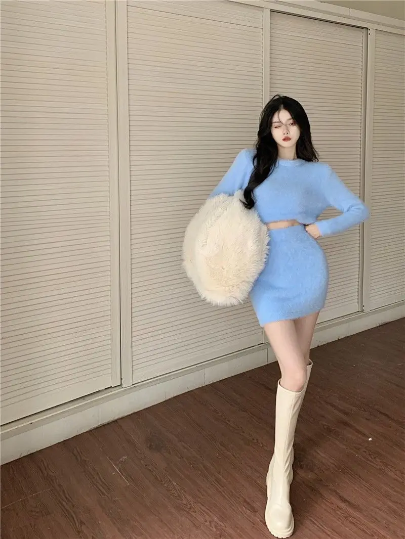Blue Mohair Sweater Women's Autumn and Winter 2022 Fashion White Slim Outer Hip Skirt Two-piece Women's Short Skirt Set