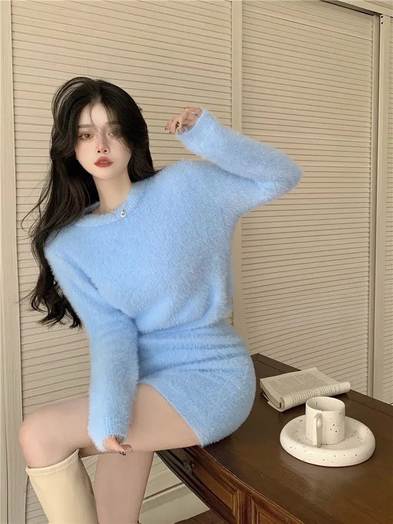 Blue Mohair Sweater Women's Autumn and Winter 2022 Fashion White Slim Outer Hip Skirt Two-piece Women's Short Skirt Set