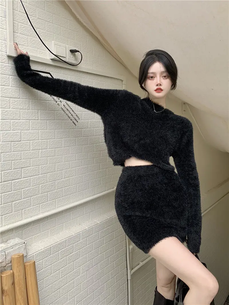 Blue Mohair Sweater Women's Autumn and Winter 2022 Fashion White Slim Outer Hip Skirt Two-piece Women's Short Skirt Set