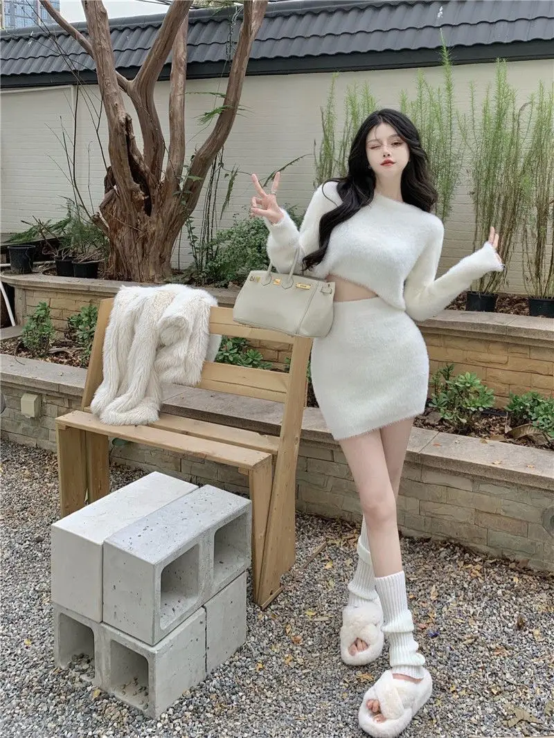 Blue Mohair Sweater Women's Autumn and Winter 2022 Fashion White Slim Outer Hip Skirt Two-piece Women's Short Skirt Set