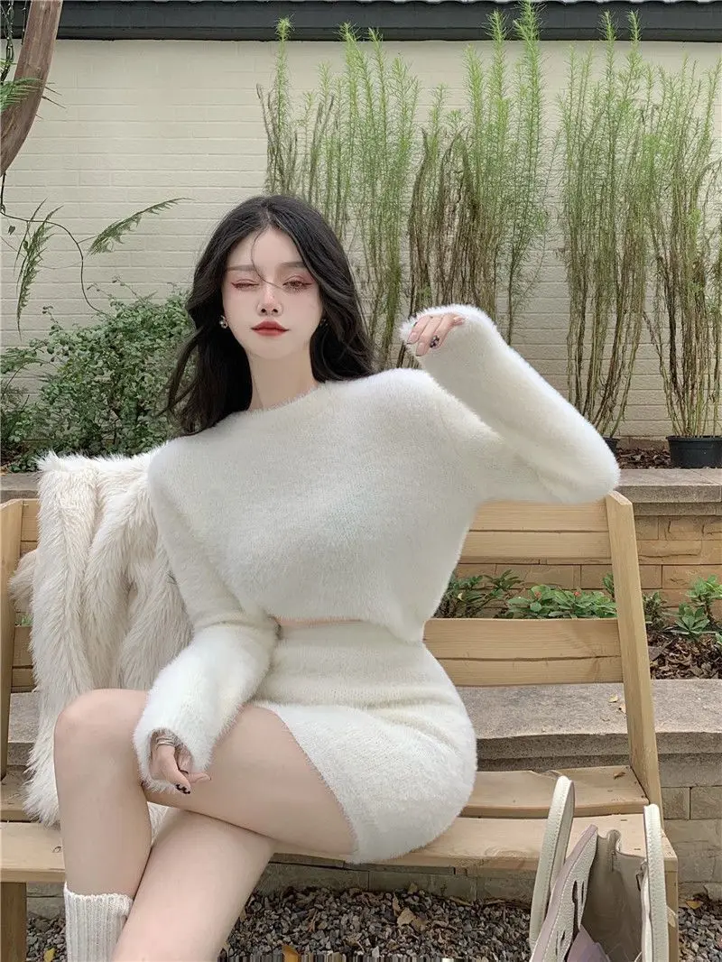Blue Mohair Sweater Women's Autumn and Winter 2022 Fashion White Slim Outer Hip Skirt Two-piece Women's Short Skirt Set