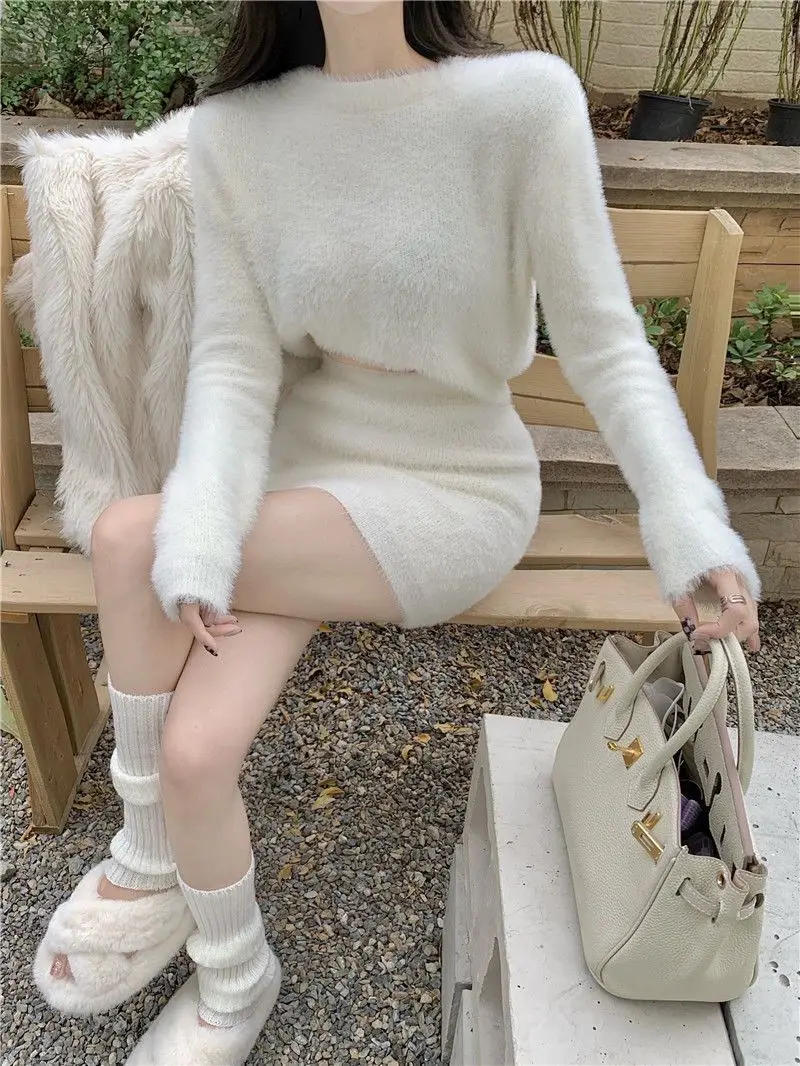 Blue Mohair Sweater Women's Autumn and Winter 2022 Fashion White Slim Outer Hip Skirt Two-piece Women's Short Skirt Set