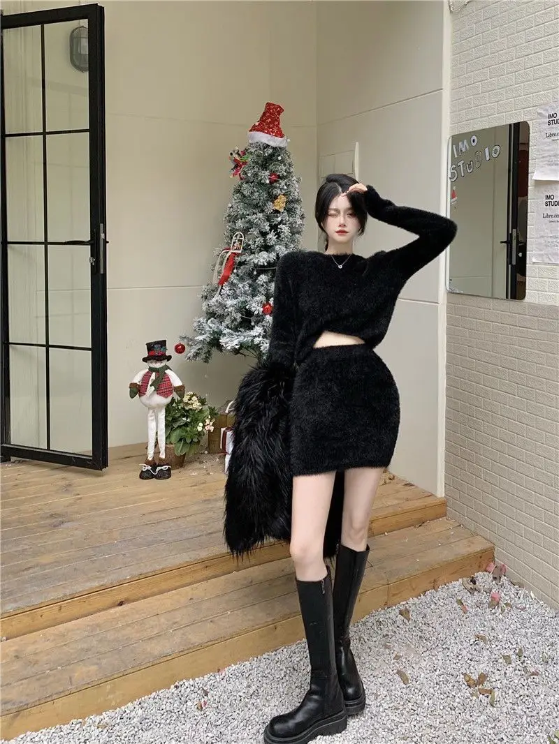 Blue Mohair Sweater Women's Autumn and Winter 2022 Fashion White Slim Outer Hip Skirt Two-piece Women's Short Skirt Set