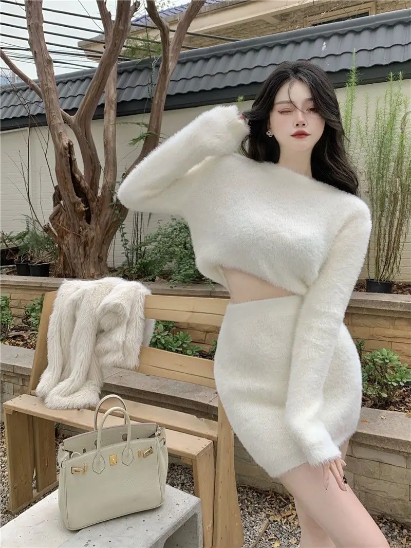 Blue Mohair Sweater Women's Autumn and Winter 2022 Fashion White Slim Outer Hip Skirt Two-piece Women's Short Skirt Set